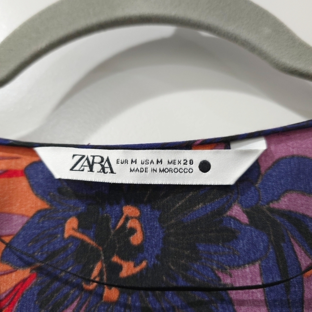 ZARA Vibrant Floral Long Sleeve Mini Dress, Ruched Sleeves, Tie Vneck Front, M - Picture 4 of 15